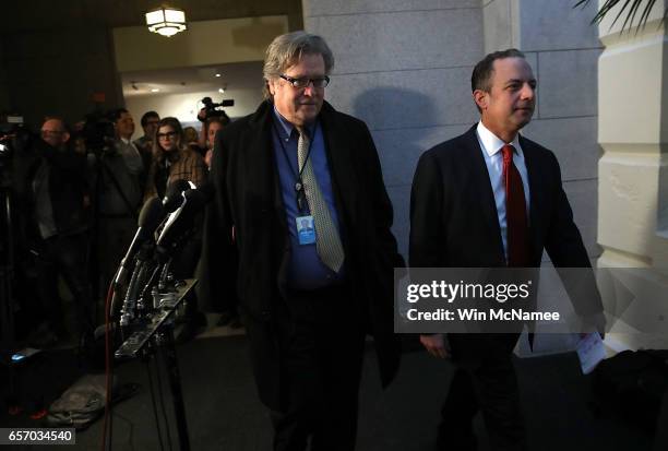 White House Chief Strategist Steve Bannon and White House Chief of Staff Reince Priebus walk to a meeting of the House Republican caucus at the U.S....