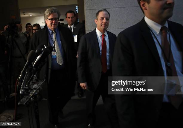 White House Chief Strategist Steve Bannon and White House Chief of Staff Reince Priebus walk to a meeting of the House Republican caucus at the U.S....