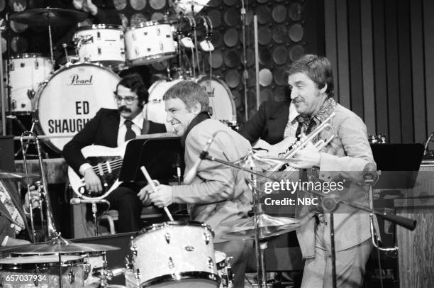 Pictured: Drummer Buddy Rich and Band Leader Doc Severinsen on April 13th, 1976--