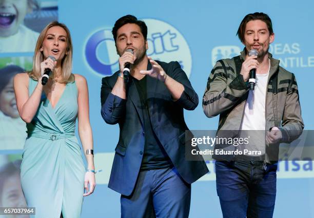 Kira Miro, David Bustamante and Adrian Lastra attend the 'Proyecto Sonrisas' party at Principe Pio theatre on March 23, 2017 in Madrid, Spain.