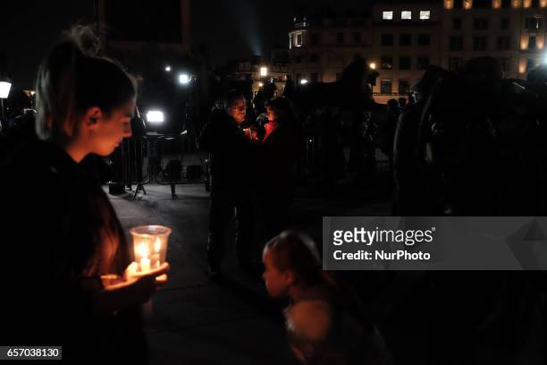 Vigil in Trafalgar Square in central London on March 23, 2017 in solidarity with the victims of the March 22 terror attack at the British parliament...
