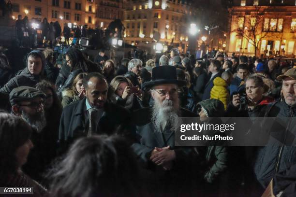 Vigil in Trafalgar Square in central London on March 23, 2017 in solidarity with the victims of the March 22 terror attack at the British parliament...