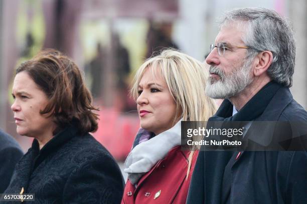 Sinn Fein Mary Lou McDonald, Sinn Fein President Gerry Adams and Northern Ireland Sinn Fein Leader, Michelle O'Neill, walk in front of the coffin of...