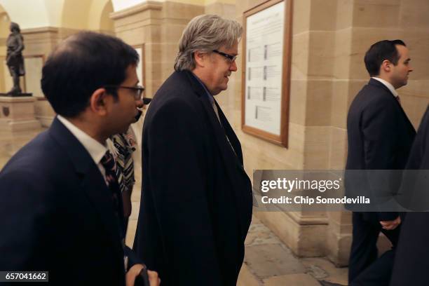 White House Chief Strategist Steve Bannon leaves a meeting of the House Republican caucus at the U.S. Capitol March 23, 2017 in Washington, DC....