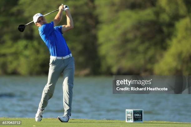 Jordan Spieth tees of on the 16th hole of his match during round two of the World Golf Championships-Dell Technologies Match Play at the Austin...