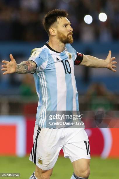 Lionel Messi celebrates after scoring his team's first goal during a match between Argentina and Chile as part of FIFA 2018 World Cup Qualifiers at...