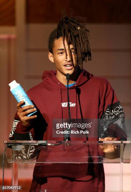 Water investor and actor Jaden Smith speaks onstage during 'The Future Innovator of the Year Challenge' panel at the EMA IMPACT Summit hosted by the...