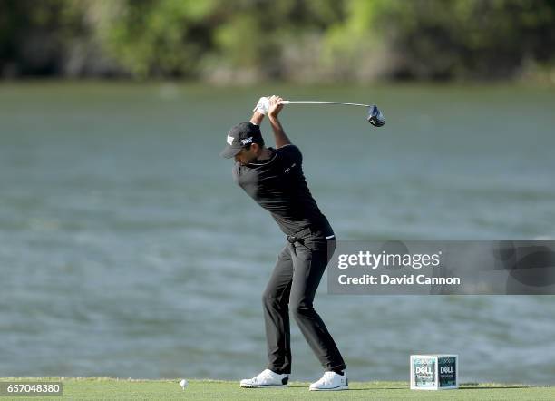 Charl Schwartzel of South Africa plays his tee shot on the par 4, 14th hole in his match against Joost Luiten during the second round of the 2017...