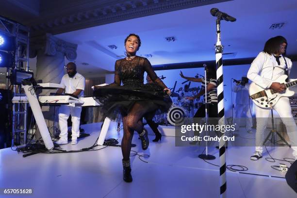 Janelle Monae performs as Lord & Taylor celebrates The Dress Address with Janelle Monae at Lord & Taylor 5th Avenue on March 23, 2017 in New York...