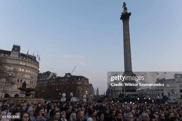 Crowds of Londoners attend a vigil in Trafalgar Square in solidarity with victims of the Westminster terrorist attack on March 23, 2017 in London,...