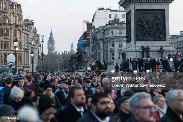 Crowds of Londoners attend a vigil in Trafalgar Square in solidarity with victims of the Westminster terrorist attack on March 23, 2017 in London,...