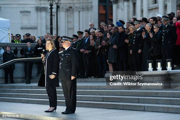 Home Secretary Amber Rudd and Acting Met Comissioner Craig Mackey on the steps of National Gallery during a vigil in Trafalgar Square organised by...