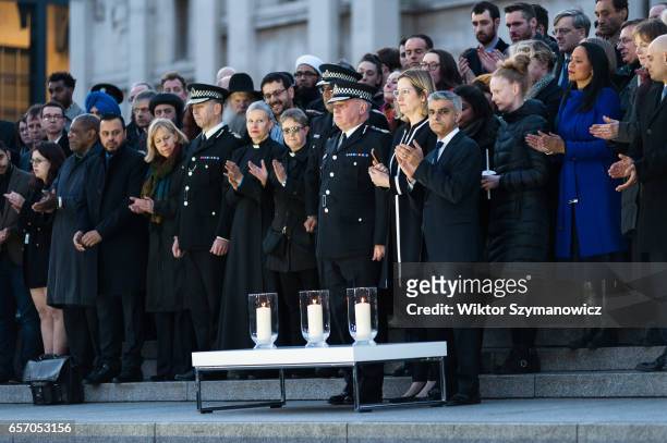 Mayor of London Sadiq Khan joined by Home Secretary Amber Rudd , Acting Met Comissioner Craig Mackey and faith leaders on the steps in front of the...