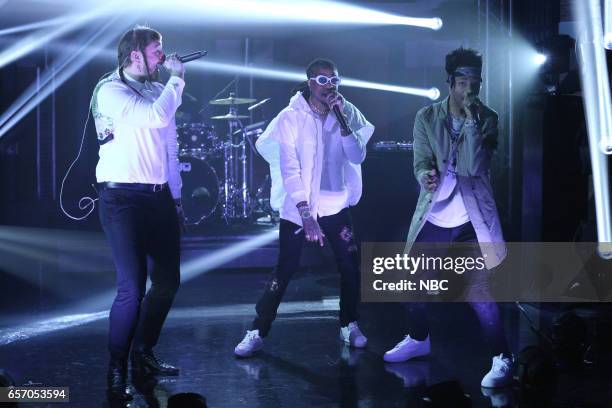 Episode 507 -- Pictured: Musical guest Post Malone, Quavo and Metro Boomin perform on March 23, 2017 --