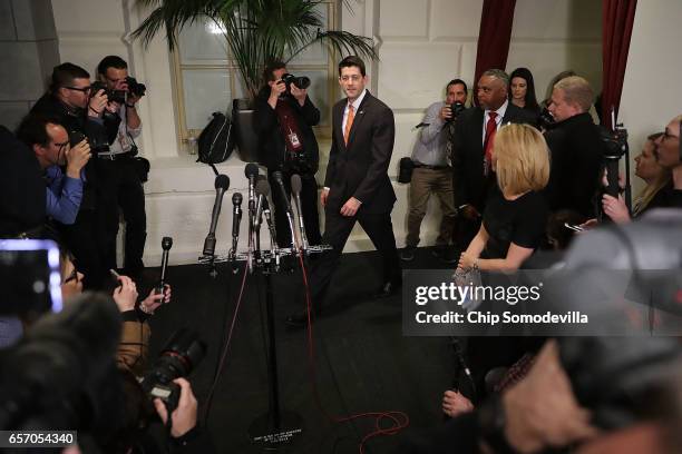 Speaker of the House Paul Ryan leaves a meeting of the House Republican caucus meeting at the U.S. Capitol March 23, 2017 in Washington, DC. Ryan and...