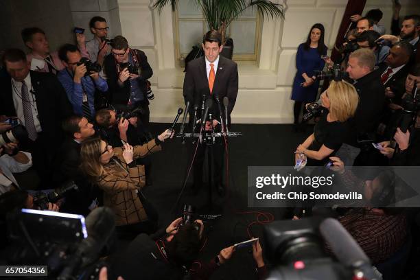 Speaker of the House Paul Ryan delivers very brief remarks and takes no questions following a meeting of the House Republican caucus meeting at the...