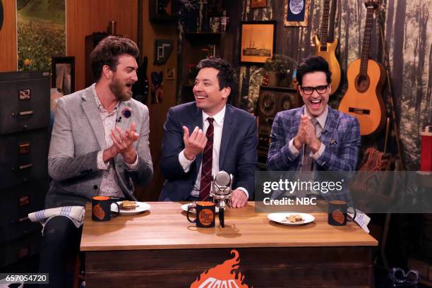 Episode 0645 -- Pictured: Comedy duo Rhett & Link with host Jimmy Fallon during "Will It S'more" on March 23, 2017 --