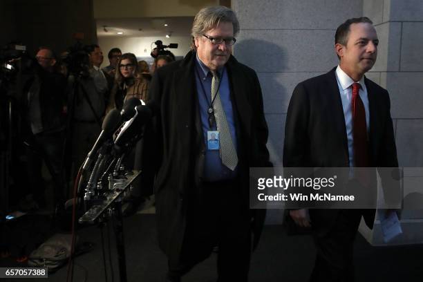 White House Chief Strategist Steve Bannon and White House Chief of Staff Reince Priebus walk to a meeting of the House Republican caucus at the U.S....