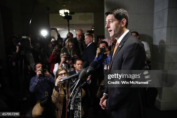 Speaker of the House Paul Ryan delivers brief remarks following a meeting of the House Republican caucus, that White House chief strategist Steve...