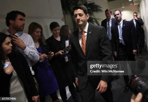 Speaker of the House Paul Ryan leaves a meeting of the House Republican caucus, that White House chief strategist Steve Bannon and White House Chief...