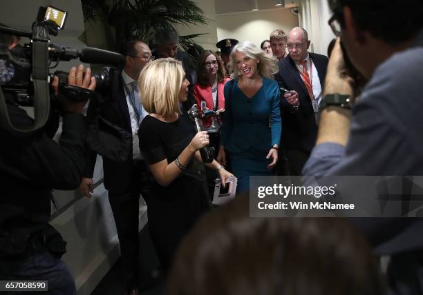 White House counselor to the President, Kellyanne Conway, leaves a meeting of the House Republican caucus at the U.S. Capitol March 23, 2017 in...