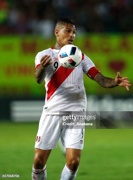 Paolo Guerrero of Peru controls the ball during a match between Venezuela and Peru as part of FIFA 2018 World Cup Qualifiers at Monumental de Maturin...