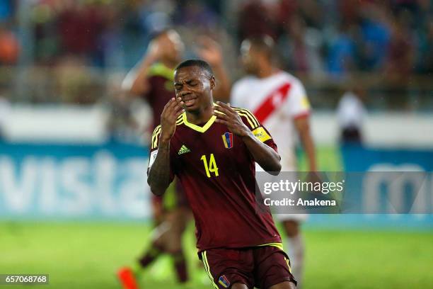 Jhon Murillo of Venezuela reacts during a match between Venezuela and Peru as part of FIFA 2018 World Cup Qualifiers at Monumental de Maturin Stadium...