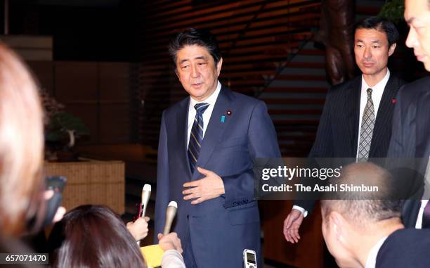 Japanese Prime Minister Shinzo Abe speaks to the media reporters after Head director of school operator 'Moritomo Gakuen' Yasunori Kagoike testimony...