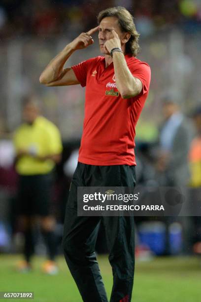 Peru's coach Ricardo Gareca gestures during the 2018 FIFA World Cup qualifier football match against Venezuela in Maturin, Venezuela, on March 23,...