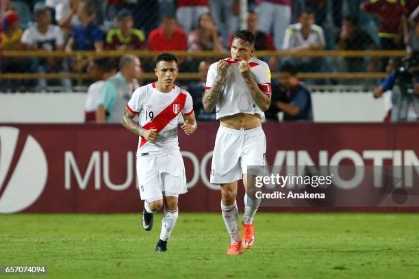 Paolo Guerrero of Peru celebrates after scoring during a match between Venezuela and Peru as part of FIFA 2018 World Cup Qualifiers at Monumental de...