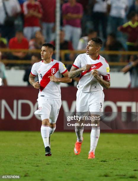 Paolo Guerrero of Peru celebrates after scoring during a match between Venezuela and Peru as part of FIFA 2018 World Cup Qualifiers at Monumental de...