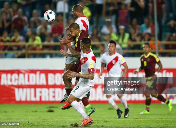 Aldo Corzo of Peru heads the ball during a match between Venezuela and Peru as part of FIFA 2018 World Cup Qualifiers at Monumental de Maturin...