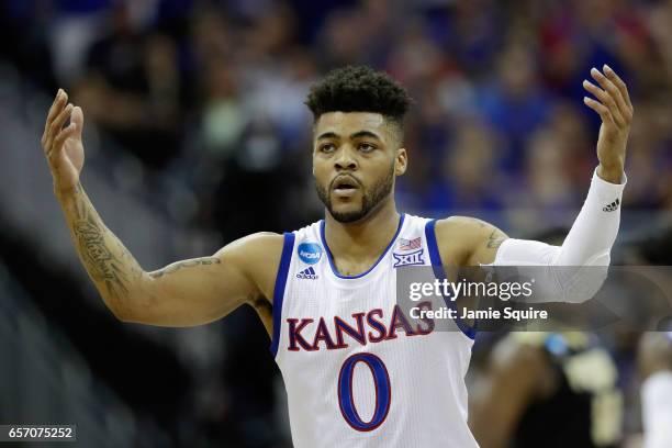 Frank Mason III of the Kansas Jayhawks reacts in the first half against the Purdue Boilermakers during the 2017 NCAA Men's Basketball Tournament...