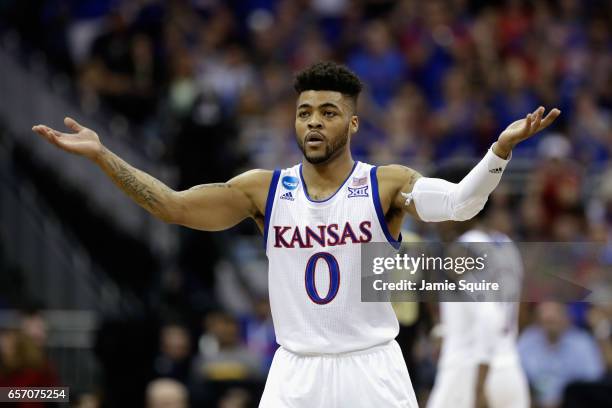 Frank Mason III of the Kansas Jayhawks reacts in the first half against the Purdue Boilermakers during the 2017 NCAA Men's Basketball Tournament...
