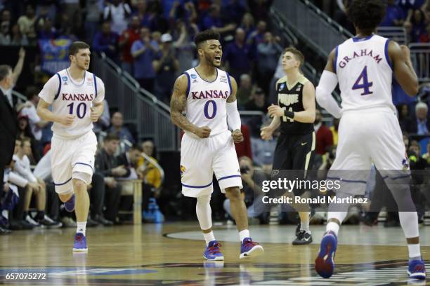 Frank Mason III of the Kansas Jayhawks reacts in the first half against the Purdue Boilermakers during the 2017 NCAA Men's Basketball Tournament...