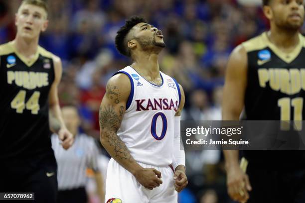 Frank Mason III of the Kansas Jayhawks reacts in the first half against the Purdue Boilermakers during the 2017 NCAA Men's Basketball Tournament...