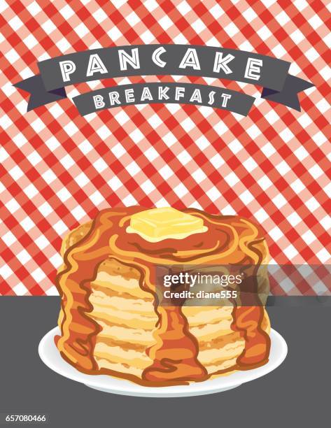 pancake breakfast on checkered background - breakfast table setting stock illustrations