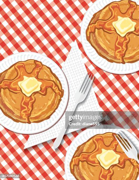 pancake breakfast on checkered background - breakfast table setting stock illustrations