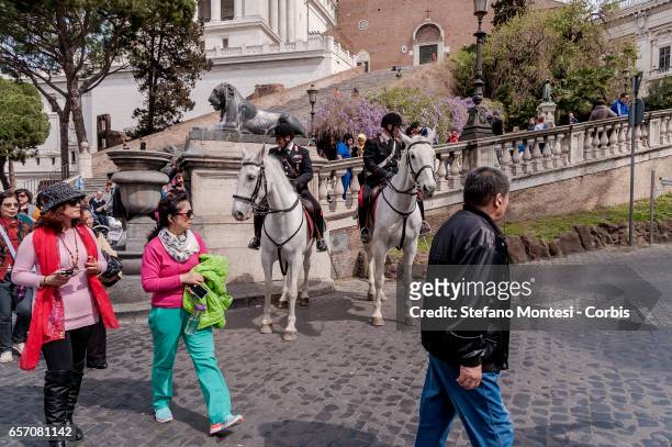 Police on horseback in prevention service near the Capitol Hill on March 23, 2017 in Rome, Italy. The Ministry of the Interior has tightened security...