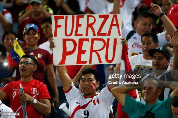 Fans of Peru cheer for their team prior a match between Venezuela and Peru as part of FIFA 2018 World Cup Qualifiers at Monumental de Maturin Stadium...