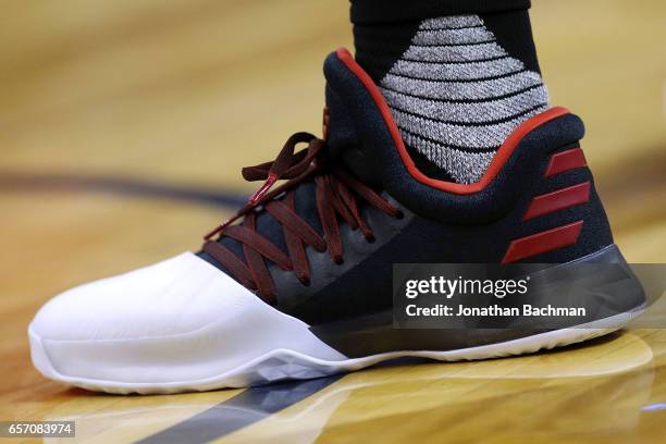 Shoes are seen worn by James Harden of the Houston Rockets during the second half of a game against the New Orleans Pelicans at Smoothie King Center...