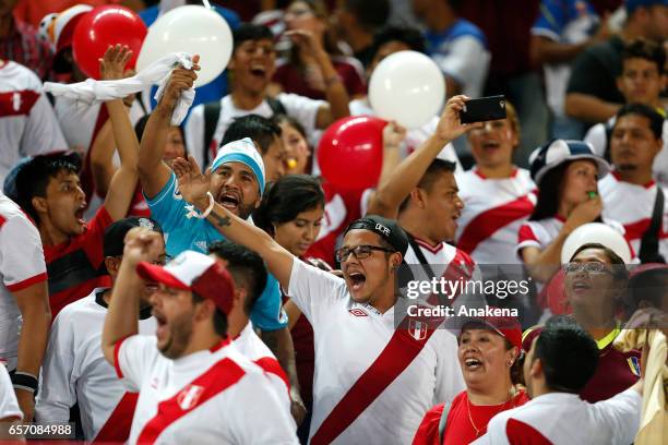 Fans of Peru cheer for their team prior a match between Venezuela and Peru as part of FIFA 2018 World Cup Qualifiers at Monumental de Maturin Stadium...