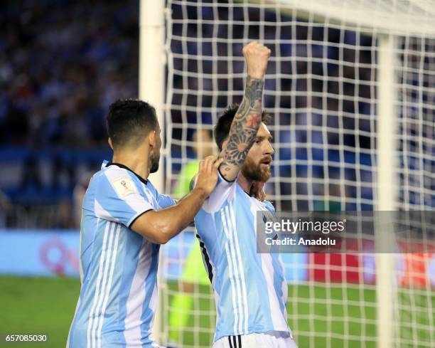 Lionel Messi and Sergio Aguero of Argentina celebrate scoring a goal during the FIFA 2018 World Cup Qualifiers football match between Argentina and...