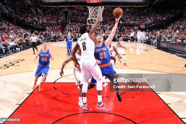 Ron Baker of the New York Knicks shoots a lay up during the game against the Portland Trail Blazers on March 23, 2017 at the Moda Center in Portland,...