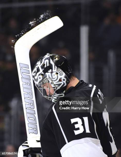 Ben Bishop of the Los Angeles Kings reacts after a power-play goal from Patrik Laine of the Winnipeg Jets for a 2-1 lead during the first period at...