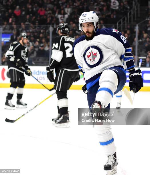 Mathieu Perreault of the Winnipeg Jets celebrates his goal to take a 1-0 lead over the Los Angeles Kings during the first period at Staples Center on...