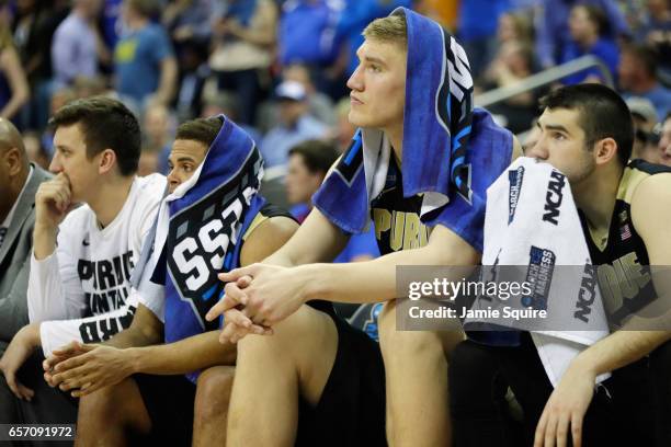 Isaac Haas of the Purdue Boilermakers reacts with teammates on the bench in the second half against the Kansas Jayhawks during the 2017 NCAA Men's...