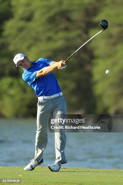 Jordan Spieth of the USA tees off on the 14th hole of his match during round two of the World Golf Championships-Dell Technologies Match Play at the...