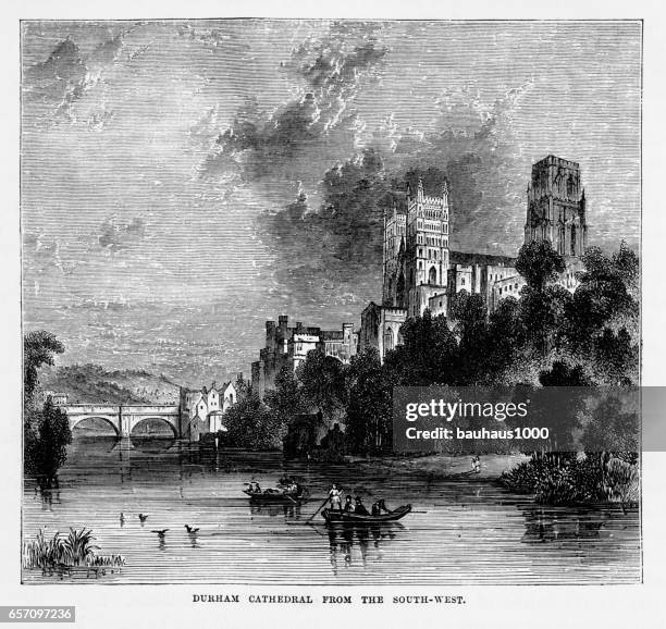 durham cathedral in durham, england victorian engraving, 1840 - durham cathedral stock illustrations