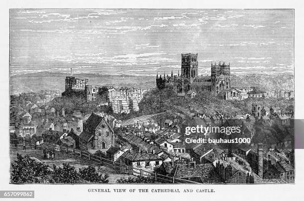 ilustrações, clipart, desenhos animados e ícones de catedral de durham e castelo de durham, durham, inglaterra vitoriana da gravura, 1840 - durham nordeste da inglaterra